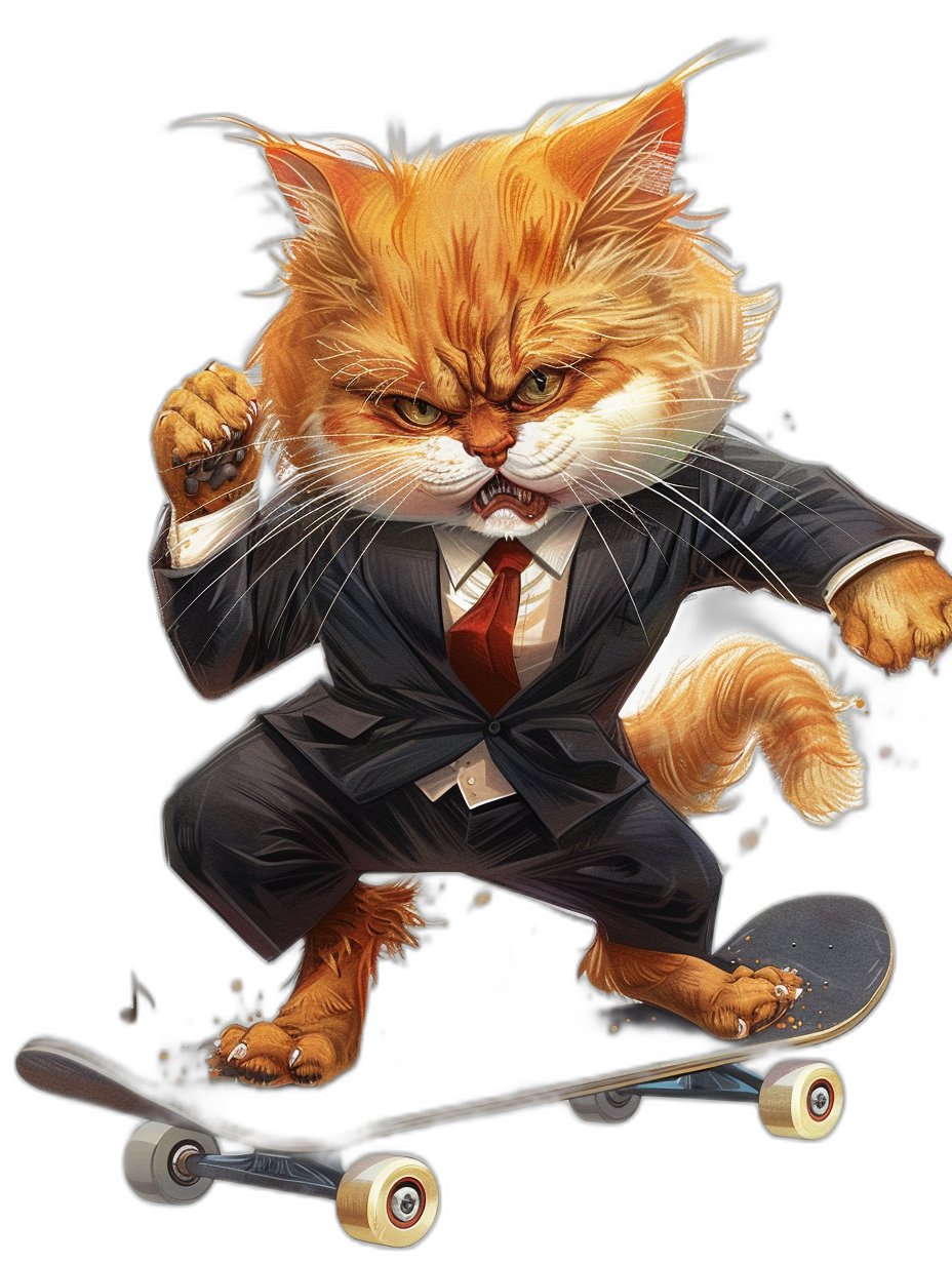 a realistic digital illustration of an angry ginger cat wearing business suit and red tie, riding on skateboard , black background, full body portrait