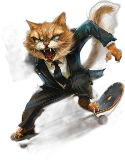 a realistic digital illustration of an angry ginger cat in business suit and tie, riding on the skateboard, dark background, full body portrait view, fantasy art style, fantasy character design, sharp focus, illustration for cover book by [Alex Ross](https://goo.gl/search?artist%20Alex%20Ross)