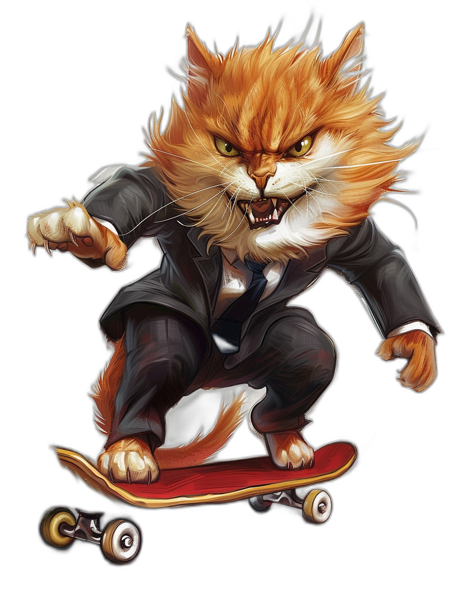 realistic digital illustration of an angry ginger cat in suit, riding on skateboard, black background, full body view, portrait with bright eyes and teeth showing