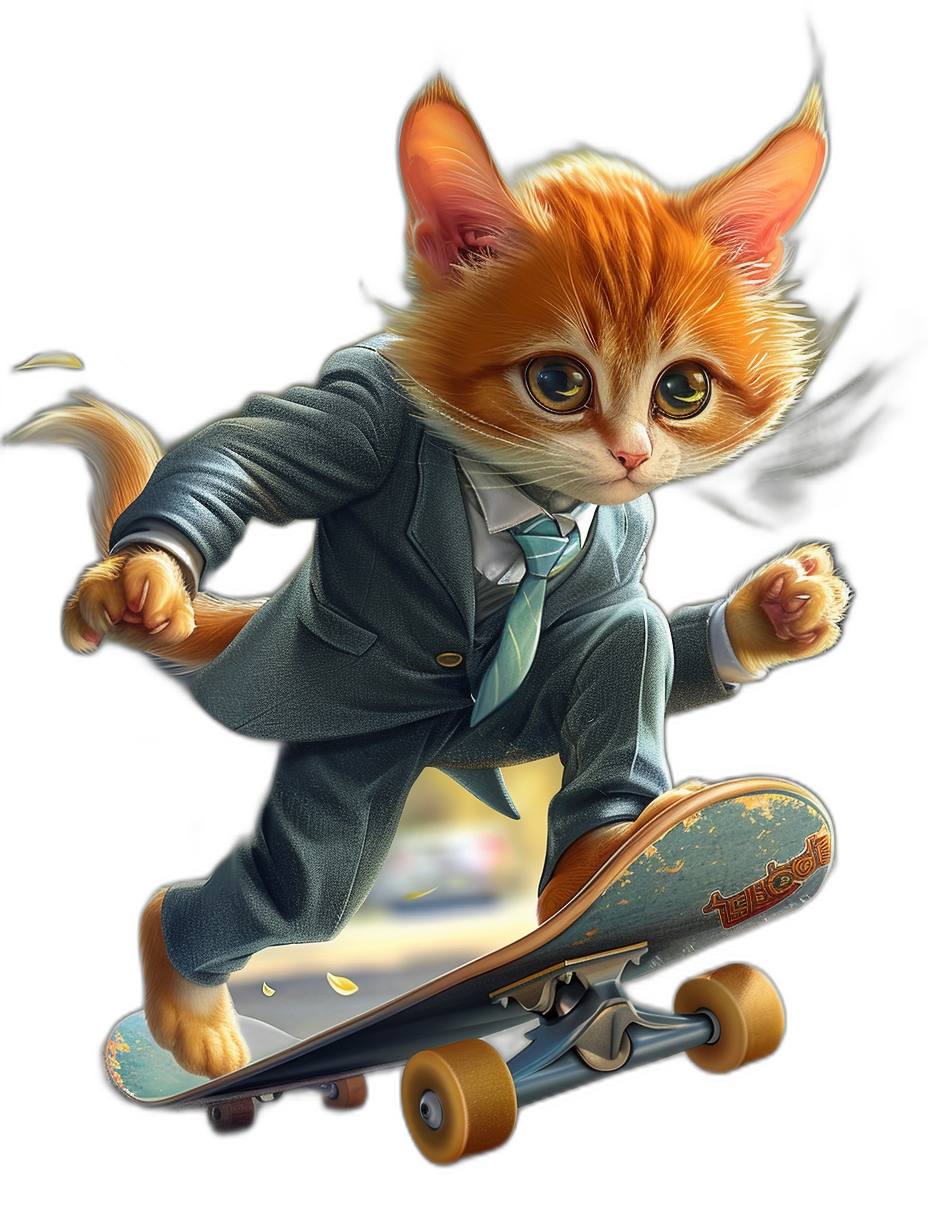 digital art of a cute kitten, wearing a suit and tie, riding a skateboard, against a black background, with a big head and small body, in the style of an anime or cartoon character.