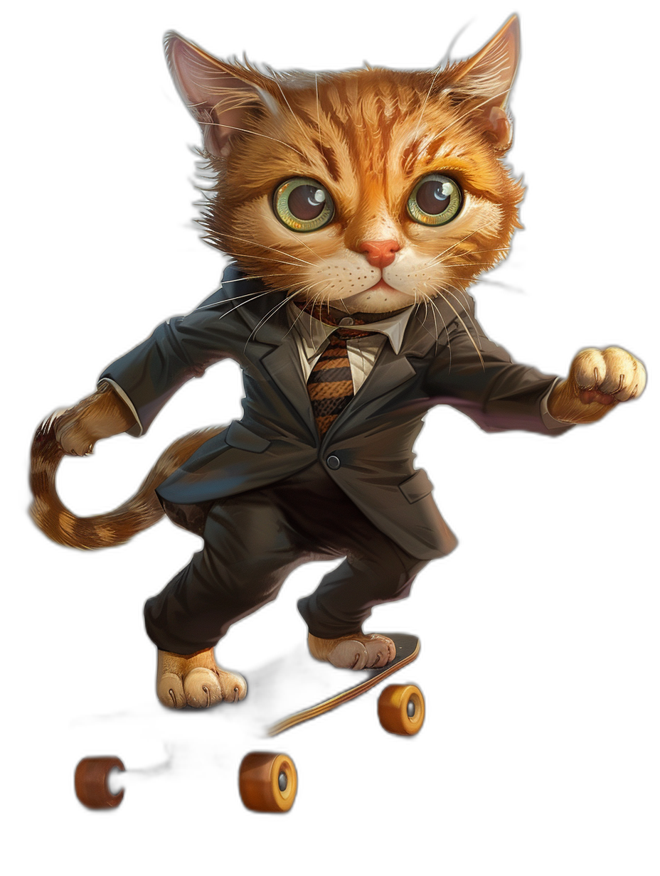 a ginger cat in suit and tie riding on the skateboard, cartoon style, vector design, black background, cute eyes, high resolution, high contrast, bright colors, digital art, detailed illustration, dynamic pose, detailed character design, ultra-detailed, digital painting, smooth lighting, soft focus, sharp edges, hyperrealistic