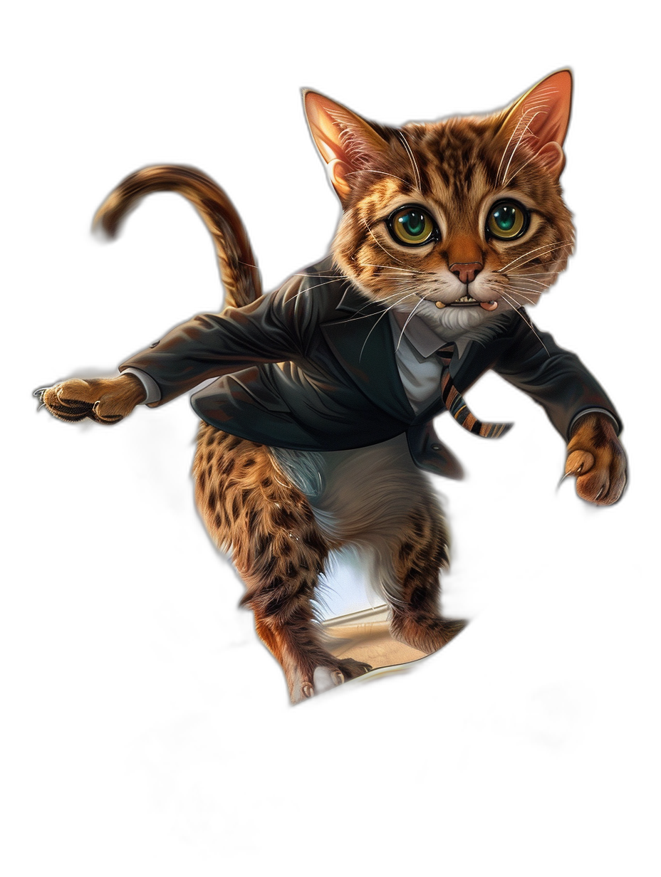 t-shirt design, full body realistic painting of bengal cat in business suit and dress shoes jumping with black background, ultra detailed, vibrant colors