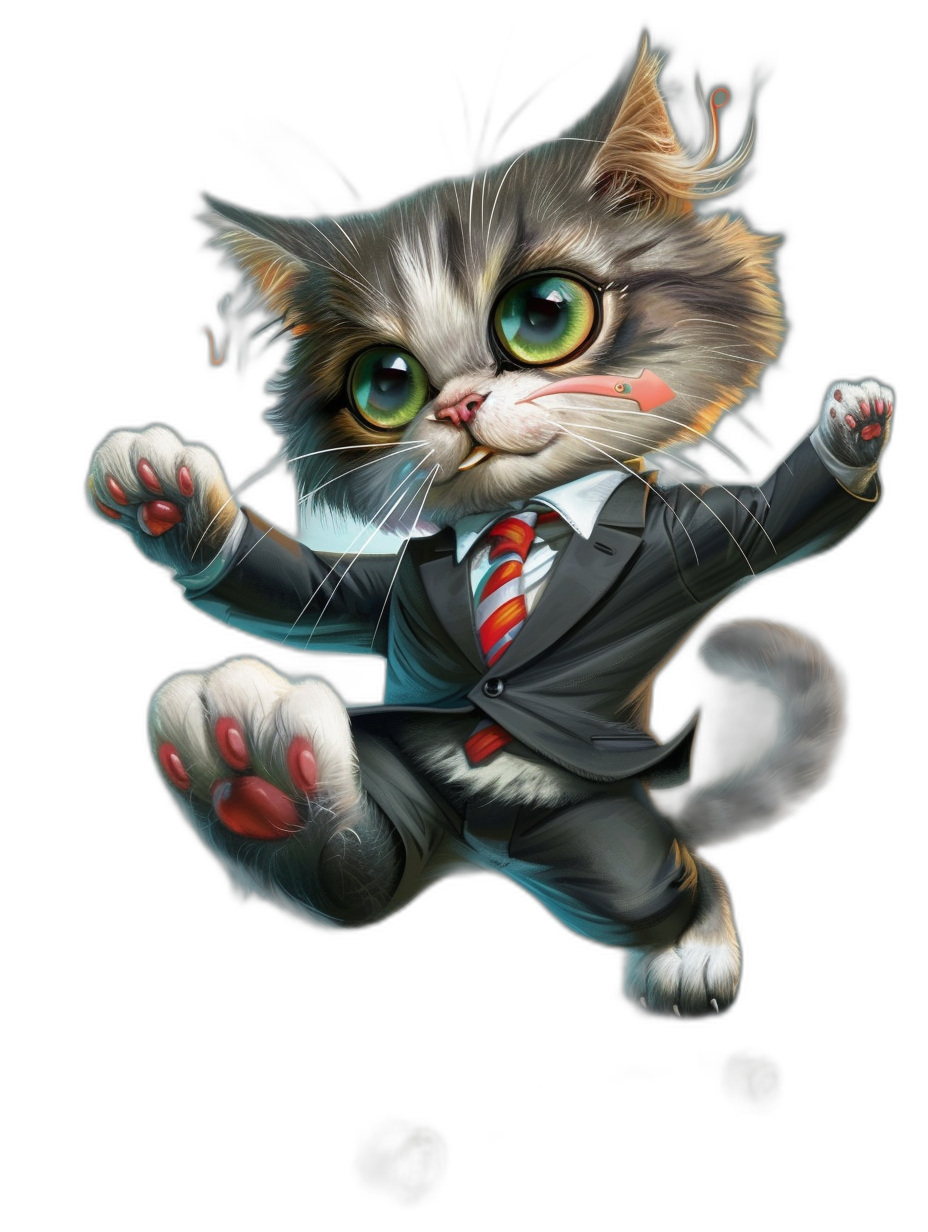 A cute little cat in a suit, with green eyes and a red tie jumping on a black background, digital art in the style of Pixar, in the Disney style of artwork, with detailed fur texture, as a full body portrait, at a high resolution