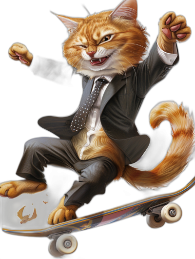 A smiling ginger cat in a suit and tie riding on top of a skateboard, in a cartoon style, digital art in the style of [Martin Ansin](https://goo.gl/search?artist%20Martin%20Ansin) and in the style of [Artgerm](https://goo.gl/search?artist%20Artgerm) and in the style of [Loish](https://goo.gl/search?artist%20Loish), on a black background, vector illustration, high resolution, high detail, high quality textures, high sharpness, hyper realistic, hyper detailed, hyper colored