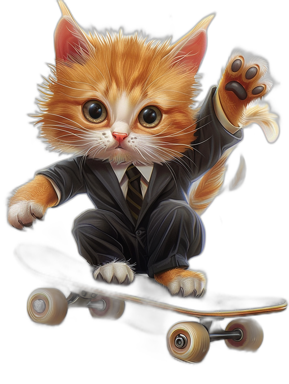 digital art of cute kitten , wear business suit , ride skateboard, black background , happy and playful