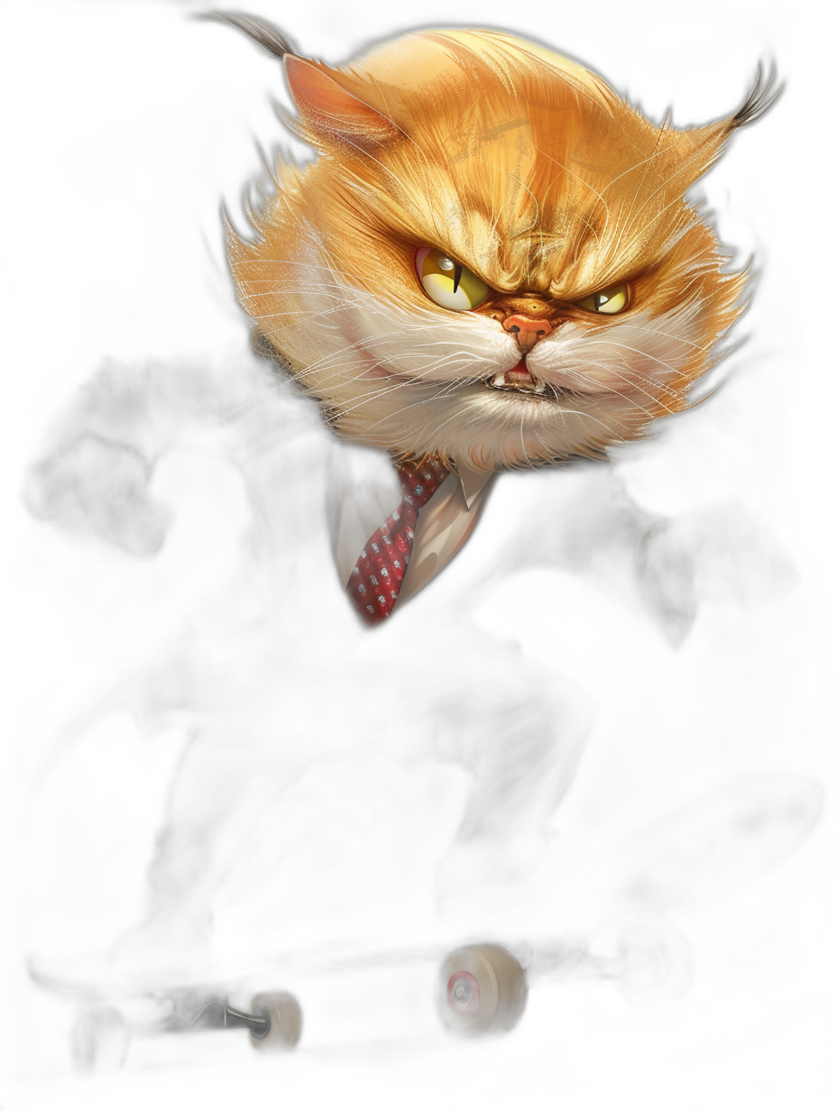 a realistic digital illustration of an angry ginger cat with yellow eyes wearing black tuxedo and red tie, riding on skateboard in the dark background, vector art by Kienan Lafferty, cgsociety contest winner, fantasy artwork, cartoon style, digital art