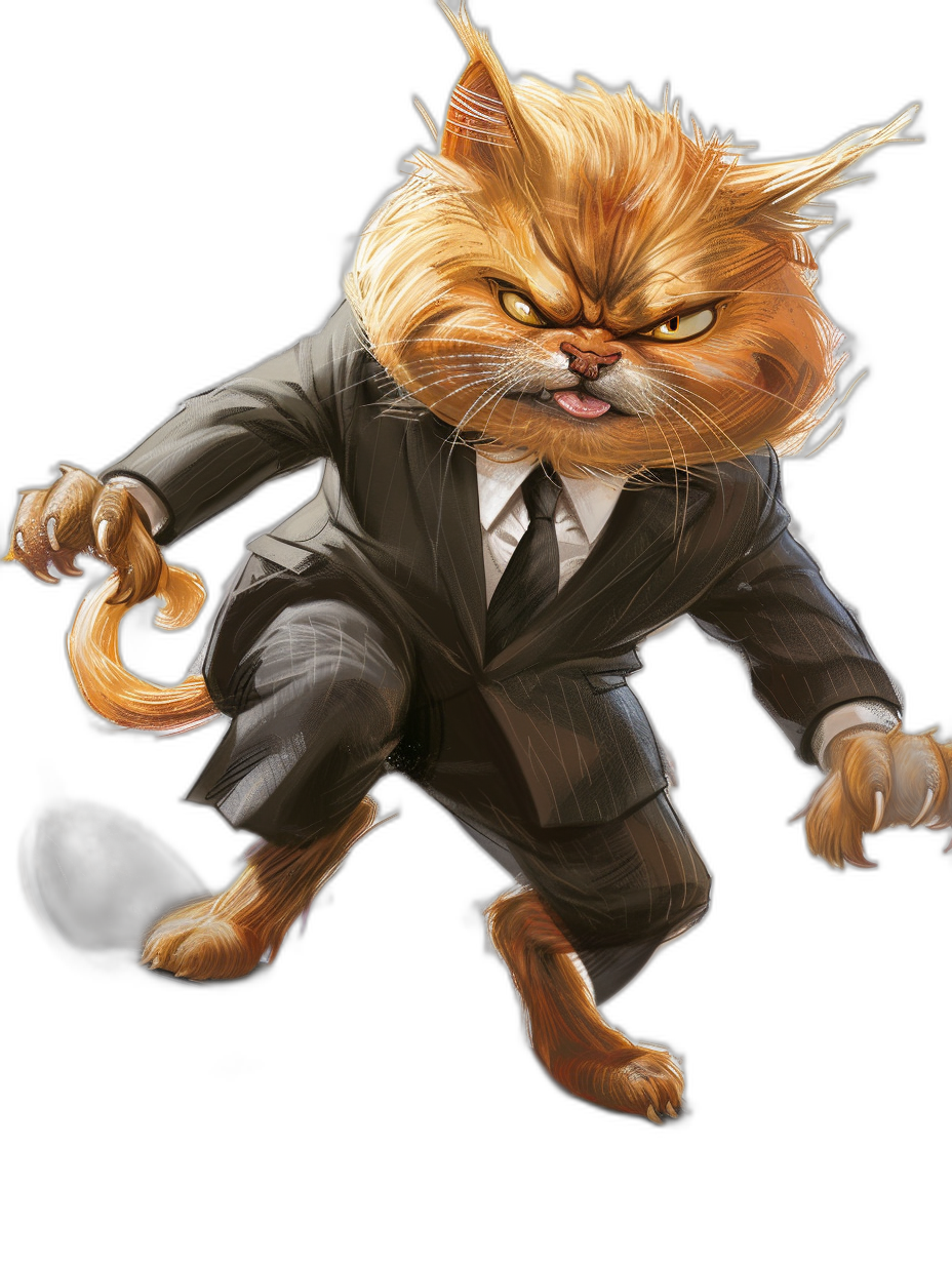 character design of an angry ginger cat in a suit, running on a black background, full body view, fantasy art style, concept art in the style of [Greg Rutkowski](https://goo.gl/search?artist%20Greg%20Rutkowski)