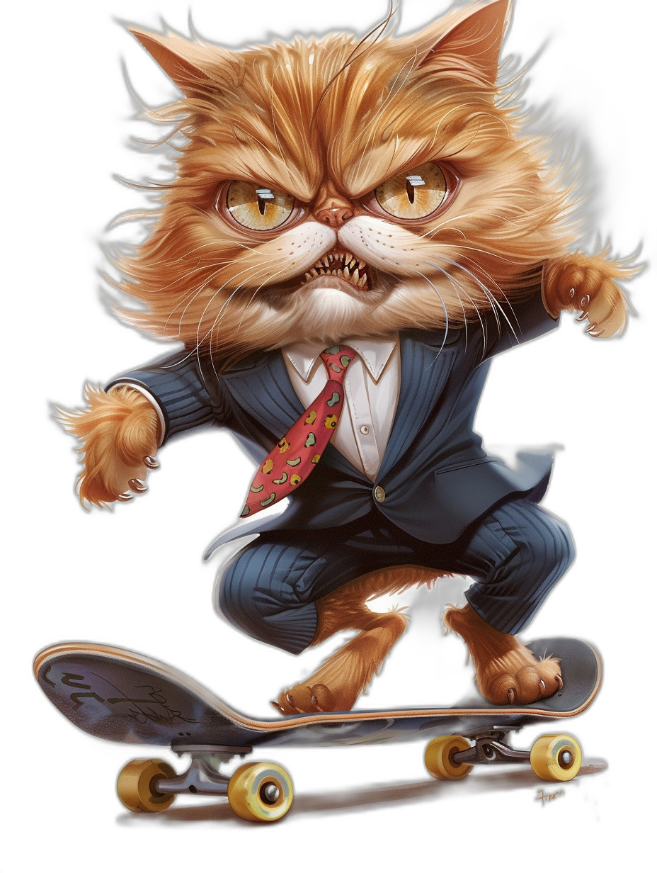 realistic digital illustration of an angry ginger cat in business suit and tie, riding on skateboard, black background, full body portrait view, sharp focus, high resolution