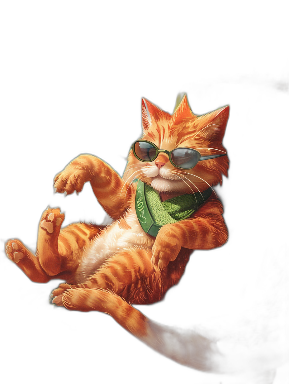 digital art of a cool and fat orange cat, wearing sunglasses with a green scarf on a black background, with a chill smile and one leg up in the air. The art is in the style of unknown artist.