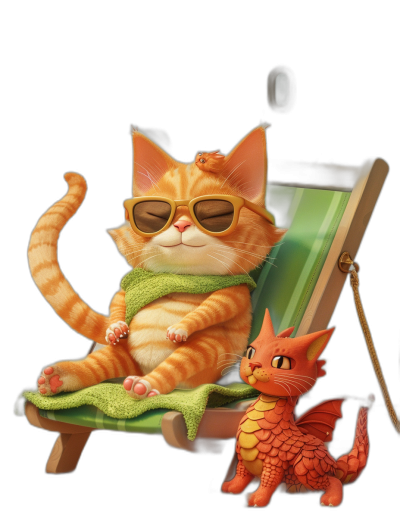 digital art of cool fat orange cat and cute little red dragon , wearing sunglasses, Cat is sitting on the beach chair with green towel around its neck while sunbathing , there's black background in the style of ghibli studio cartoon