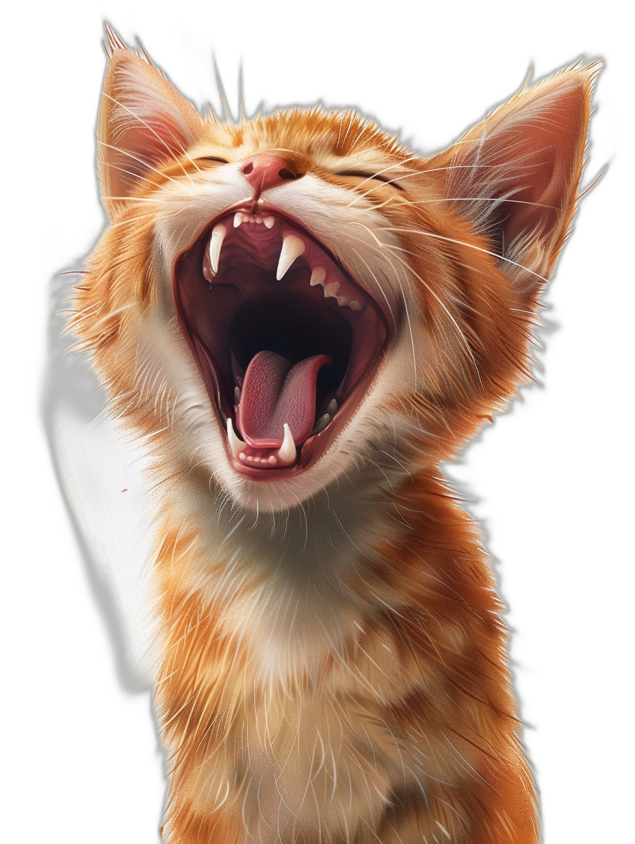 A cute ginger cat laughing and showing its teeth, digital art style, black background, high resolution, hyper realistic, super detailed