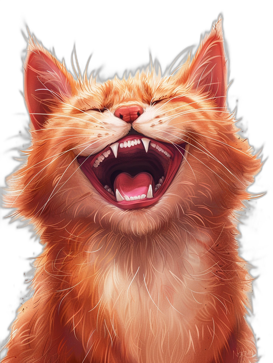 A cute red cat laughing with a happy expression in a front view against a black background. A detailed illustration with a close-up of its teeth in high resolution, high quality, and with high detail. A digital art and digital painting in the hyperrealistic style with sharp focus. Illustrated in the style of [Artgerm](https://goo.gl/search?artist%20Artgerm) and [Greg Rutkowski](https://goo.gl/search?artist%20Greg%20Rutkowski) and in the style of [Alphonse Mucha](https://goo.gl/search?artist%20Alphonse%20Mucha).