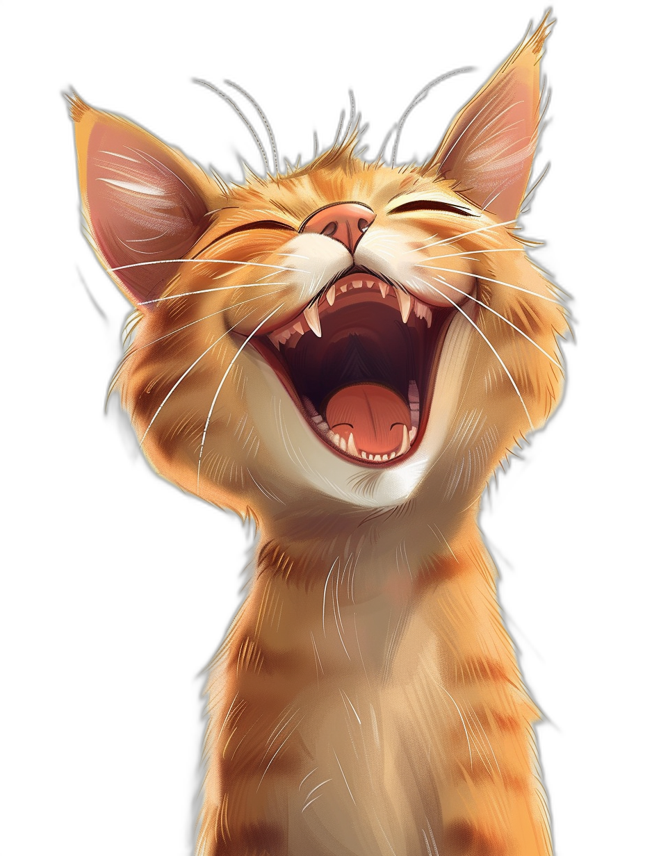 illustration of an orange tabby cat laughing, cute, vector art, digital painting, black background, cartoon style, high resolution