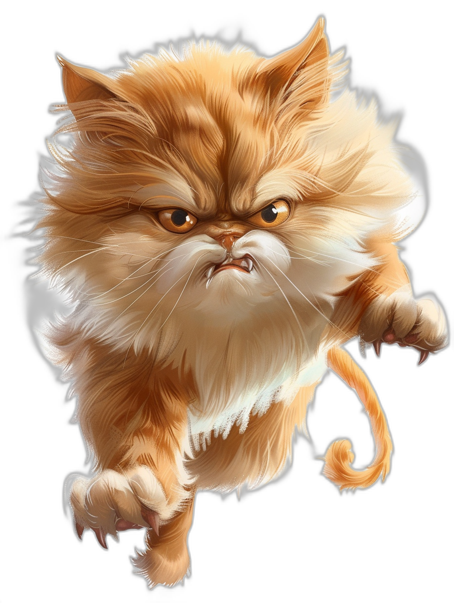 A full body illustration of an orange and white fluffy cat with an angry face jumping against a black background, digital art in the style of [Artgerm](https://goo.gl/search?artist%20Artgerm), in a comic book style, with ultra detailed quality, a masterpiece.