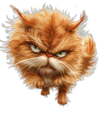 A cute orange Persian cat with an angry face, in the style of cartoon, vector art, black background, fantasy artwork, digital painting, high detail, high quality, clipart, solid colors.