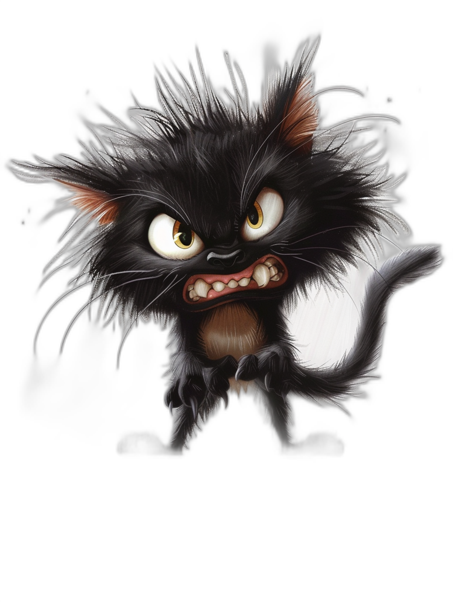 black background, angry cute fluffy cat monster in the style of [Ralph Steadman](https://goo.gl/search?artist%20Ralph%20Steadman)