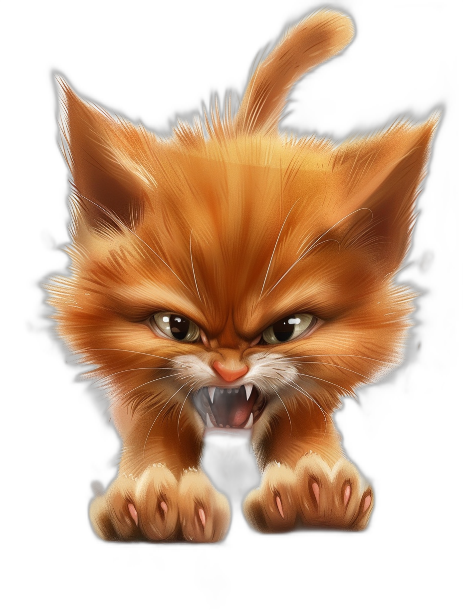 game art of an angry ginger cat, vector graphics, black background