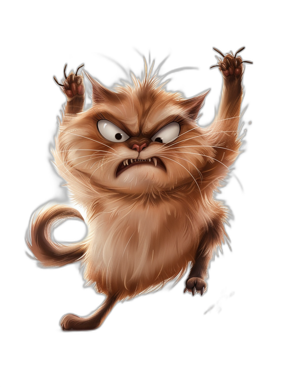 funny angry cat jumping up, in the style of caricature style cartoon art on black background