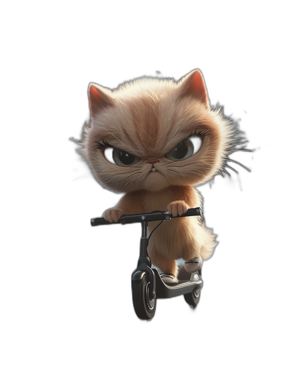 Cute cat riding electric scooter with an angry expression, in the style of Pixar, on a black background, in high definition, that is cute and adorable.