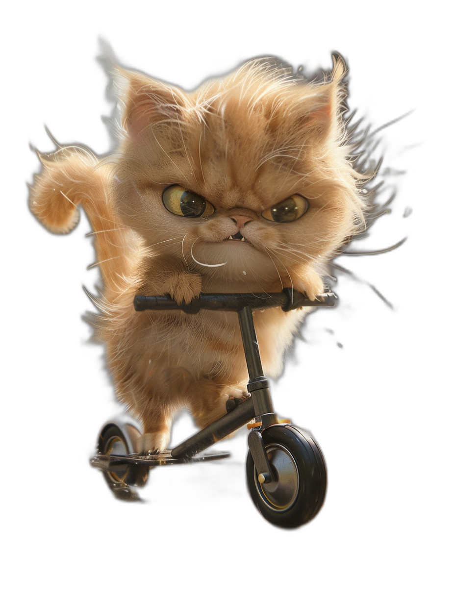 A persian cat riding a scooter, with fluffy hair and cute big eyes with a happy expression, on a black background, in the style of Pixar, 3D rendered, a full body shot, from the front view.