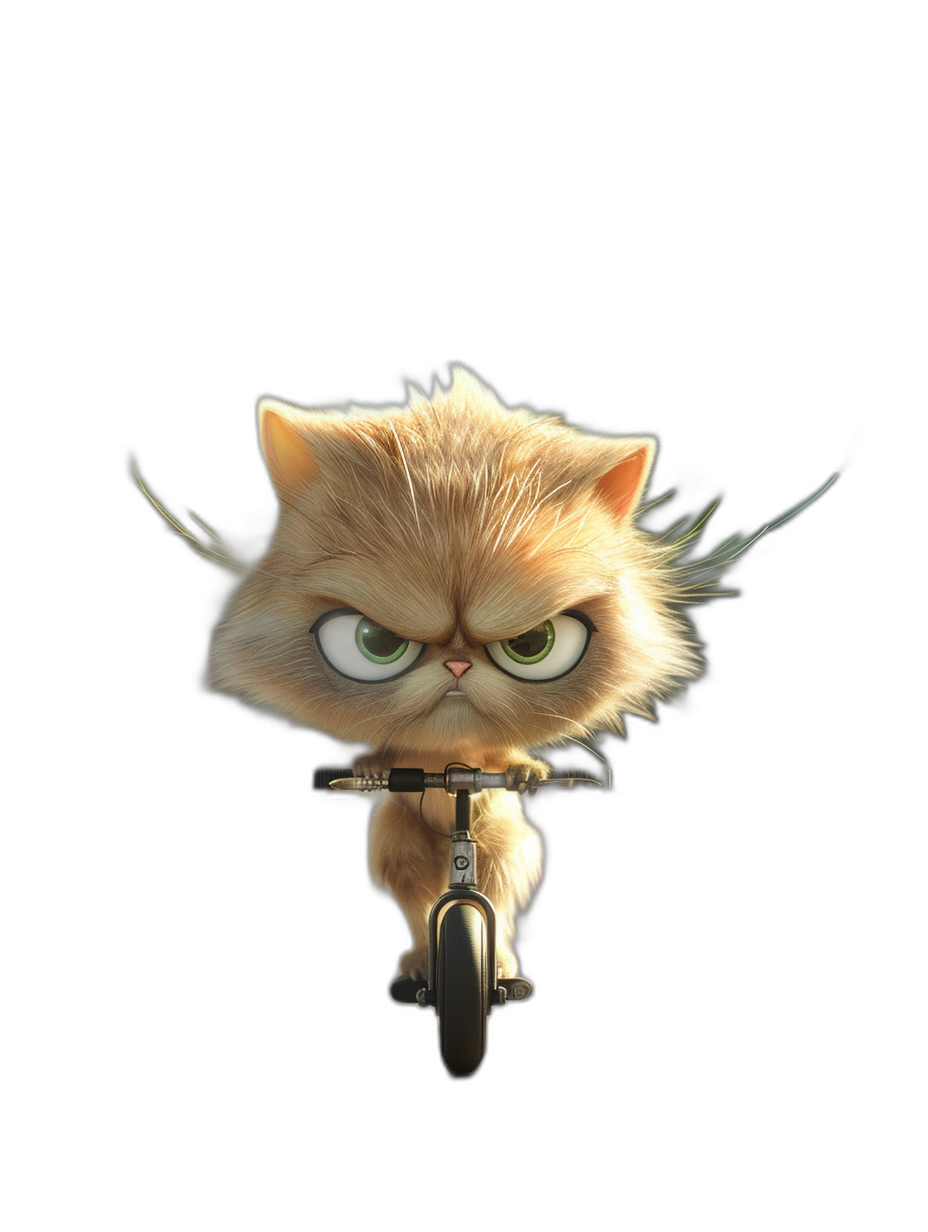 front view of an angry, cute and funny persian cat with green eyes on the bike in the style of Pixar, black background, octane render, 3d character, cute, full body shot