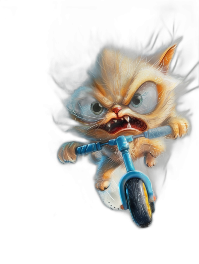 grumpy cat cartoon character riding a blue scooter, with an angry face and smoke coming from the back wheel, on a black background, in the style of a hyper realistic game item digital painting on Artstation.