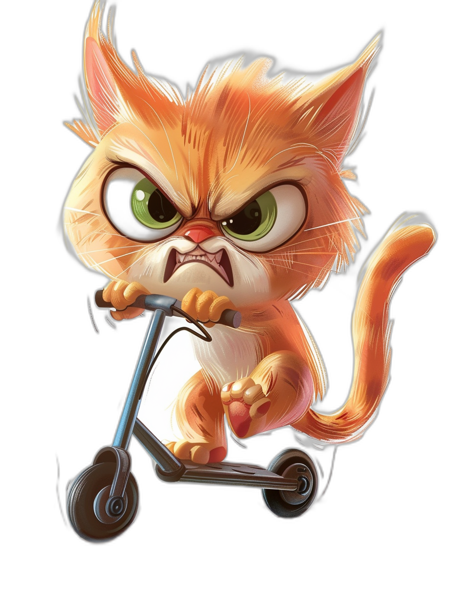 Cute cartoon cat riding a scooter with an angry expression on a simple black background in the style of a cartoon. High resolution professional illustration in a cartoon style.