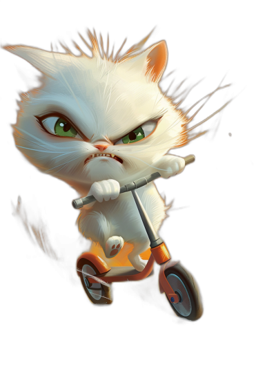 White cute cat with green eyes riding a scooter with an angry face on a dark background in the style of cartoon style. Disney Pixar character design with a full body shot on a black background with detailed facial features in the style of game art. Cute and adorable high resolution digital painting with vibrant colors in a dynamic pose with high contrast lighting and studio lighting. Ultra realistic hyper detail cinematic style in the style of octane render 3d.