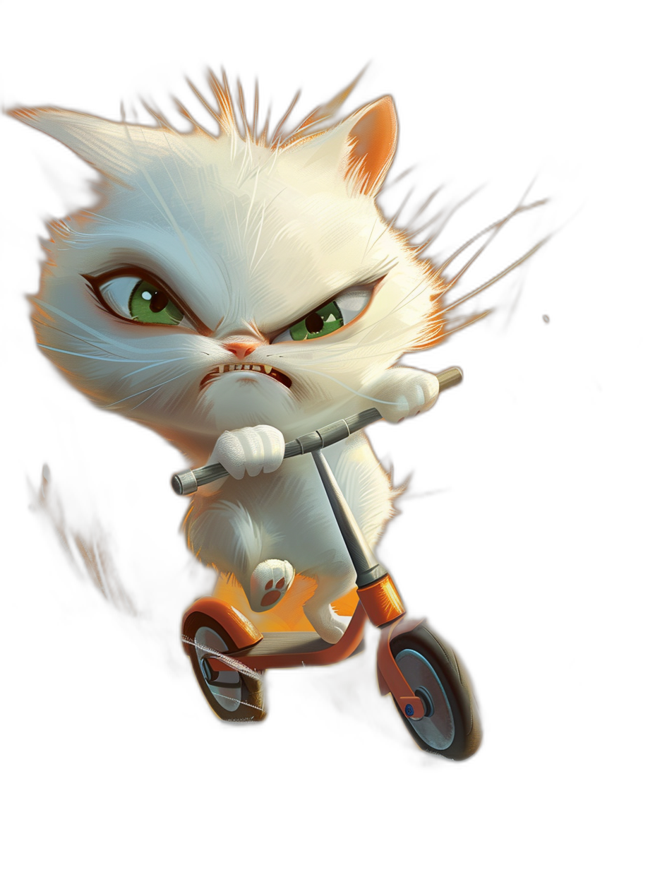 White cute cat with green eyes riding a scooter with an angry face on a dark background in the style of cartoon style. Disney Pixar character design with a full body shot on a black background with detailed facial features in the style of game art. Cute and adorable high resolution digital painting with vibrant colors in a dynamic pose with high contrast lighting and studio lighting. Ultra realistic hyper detail cinematic style in the style of octane render 3d.