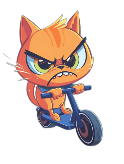 Grumpy orange cat on a scooter, vector illustration for a game icon, simple design with a black background in the style of chibi style, cartoon character with a bold outline and simple lines and colors with low details, simple face with big eyes and a small nose with an angry expression.