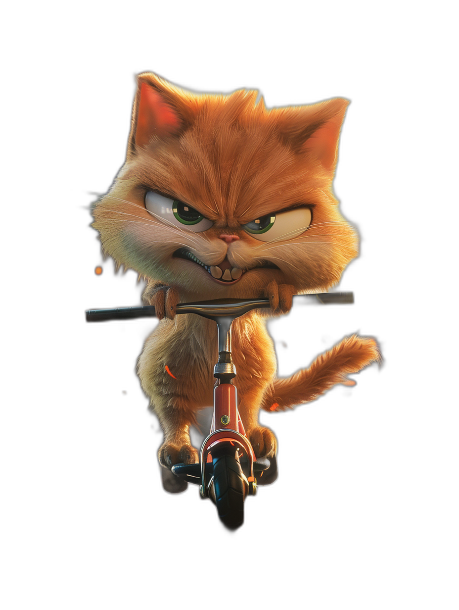 grumpy orange cat on scooter in the style of Pixar, cartoon character design, black background, high resolution