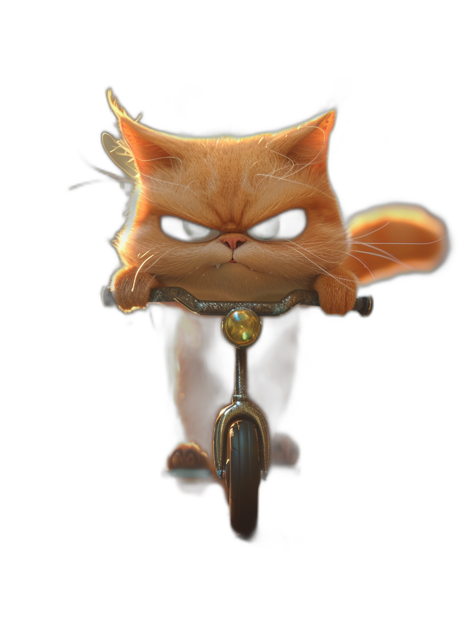 3d render of cute persian cat riding on scooter, angry face, on black background, pixar style