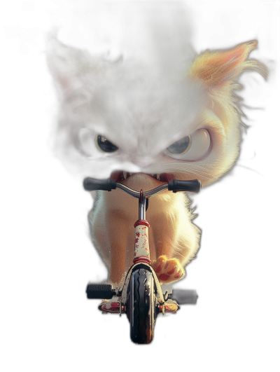 realistic cute cat riding tricycle with angry face, black background, in the style of Pixar