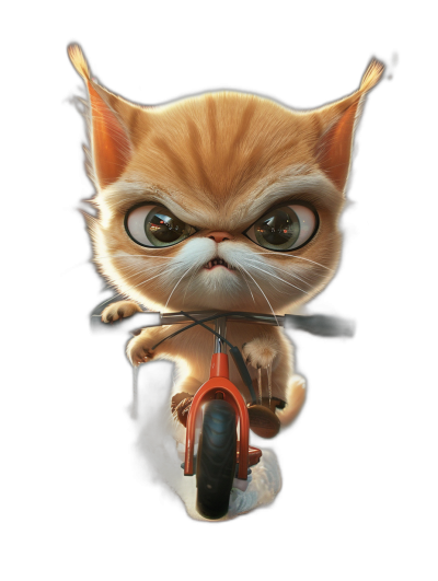 cute cat riding on a bike, big eyes, angry face, black background, cartoon style, digital art in the style of Pixar studio, digital illustration, hyper detailed rendering, cute character design, trending style similar to Pixar, 3d render, red and orange color scheme, cute, fluffy fur, cartoon realistic style, cute and adorable, white smoke behind it from its back coming out of its bottom to top tail with smoke from inside, cartoon illustration, chibi anime