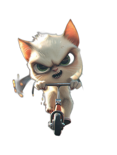 3D render of a cute white kitten riding a scooter with an angry facial expression on a black background, in the style of Pixar.