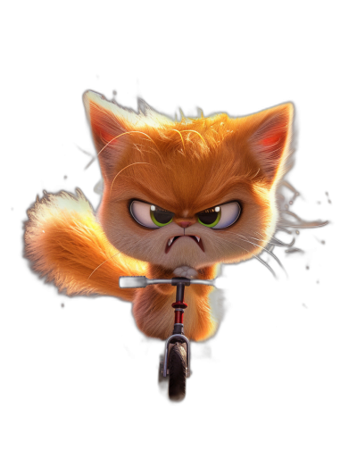 grumpy orange cat riding scooter, angry eyes, in the style of Pixar, cartoon character, black background, cute and adorable