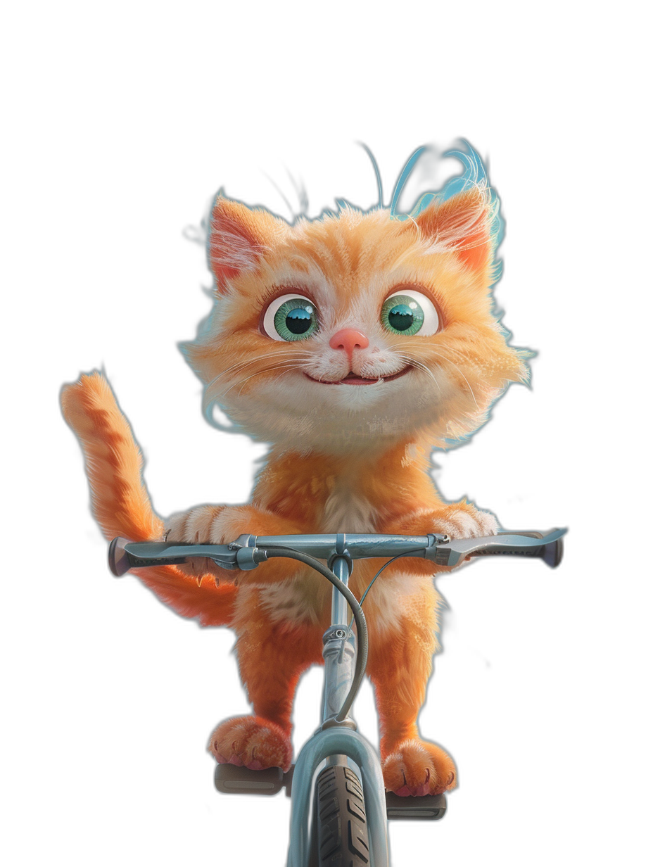 A cute orange cat riding on the front of a bicycle, with green eyes and a fluffy tail against a black background, in the style of Pixar with Disney animation qualities, as a cartoon illustration in high definition with high resolution and high detail as a full body shot with octane rendering techniques producing cinematic light and shadow effects at high quality.