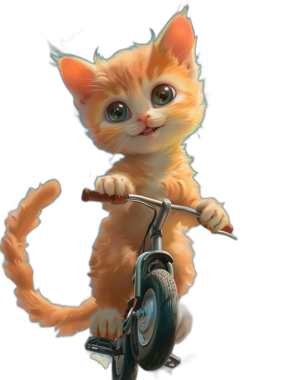 3D render of a cute orange kitten riding a scooter, with big eyes, on a black background, like a cute cartoon character in the style of Disney Pixar studio, with an adorable expression, vibrant colors, and a playful mood.