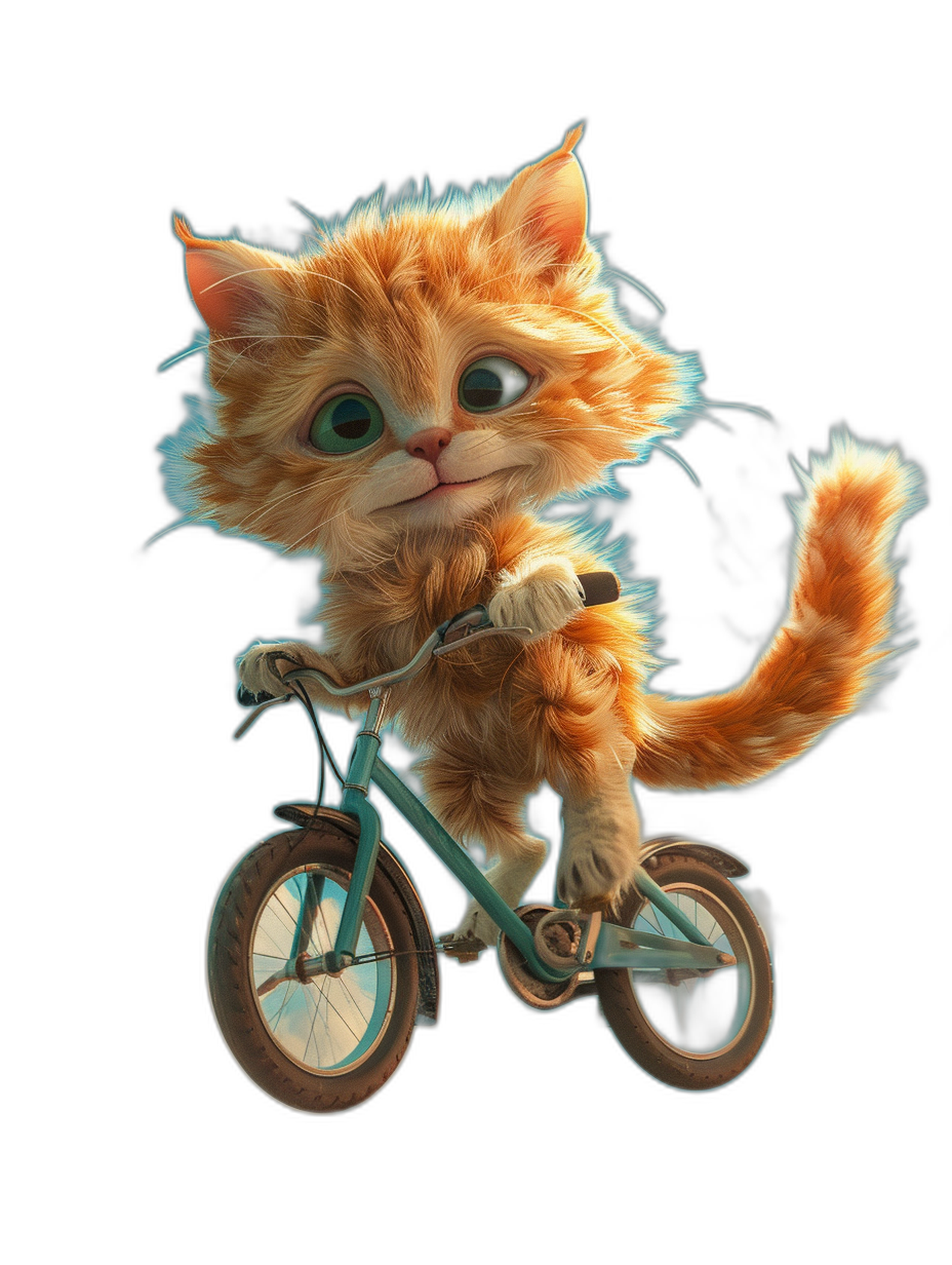 Cute orange cat riding on a bicycle in the style of a cartoon, highly detailed and intricate digital painting in the style of Pixar with a smooth skin and adorable cute character design on a black background with magical lighting and sharp focus. 8k hd illustration.