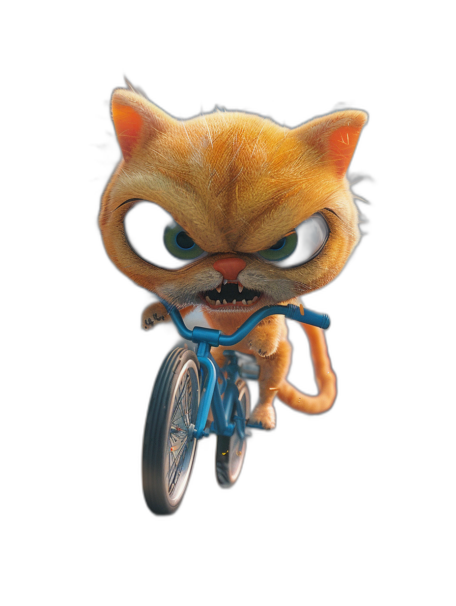 Cute cat riding bicycle, funny expression, black background, in the style of Pixar style cartoon character design, big eyes, high definition