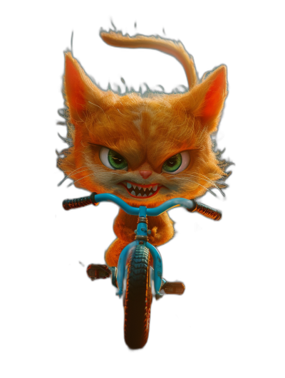 3D render of an angry orange cat riding on the front wheel of a blue bicycle, with green eyes, in the style of a cartoon, against an isolated black background, in the style of Pixar animation, shown in a full body shot.