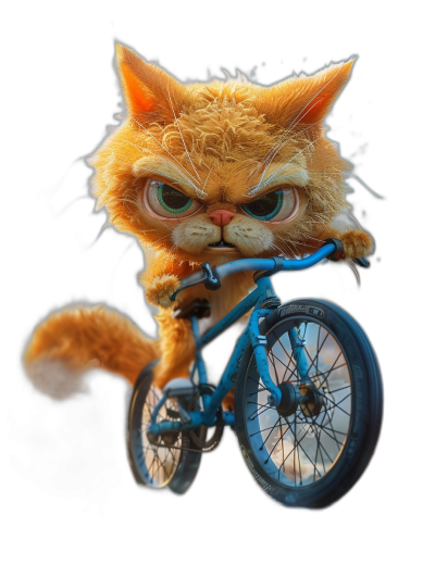 A cute orange cat riding a blue bicycle, with an angry facial expression, in the style of Pixar, on a black background, shown in full body.