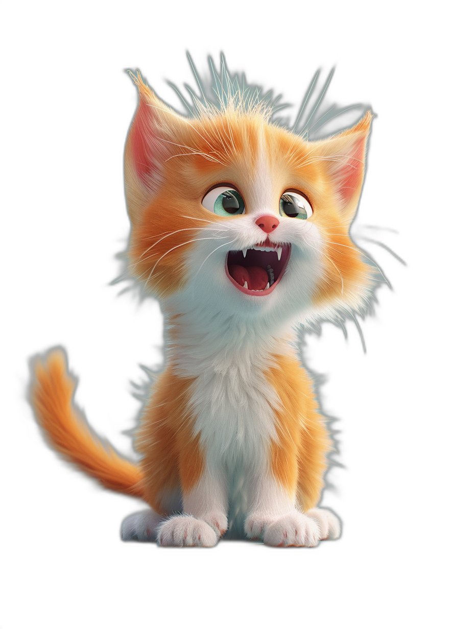 3D render of a happy smiling orange and white kitten character, in the style of Pixar, a cute kitten with sparkling eyes laughing, isolated on a black background, digital art in the style of Disney studio, high resolution