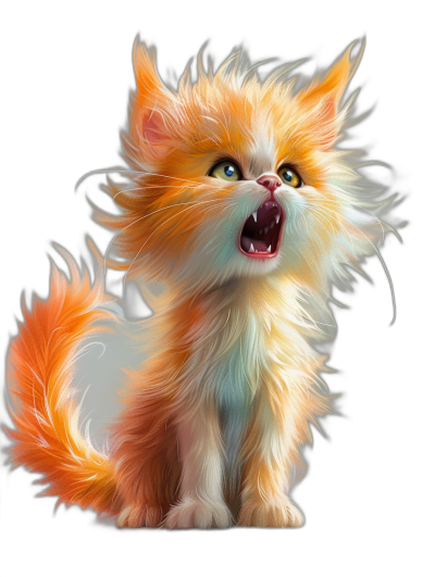 A cute fluffy orange and white kitten howling against a black background in the style of a fantasy artwork with a cute character design.