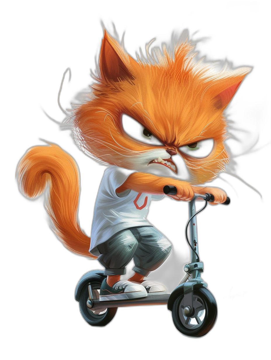 grumpy orange cat with a white t-shirt and grey shorts riding an electric scooter in the style of [Tiago Hoisel](https://goo.gl/search?artist%20Tiago%20Hoisel)’s caricature style, on a black background