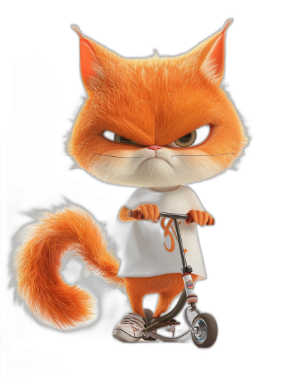 A cute orange cat, riding an electric scooter with sneakers on its feet and wearing casual , is angry in the style of Pixar, with a black background. It has two big eyes, white hair around its head, and a long tail behind it. The character's body structure should be exaggerated to emphasize three-dimensionality. Use high-definition rendering technology for a detailed depiction of fur texture. High resolution, bright colors, and lively movements in .