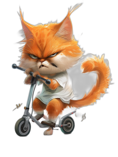 Cute fluffy orange cat with an angry expression riding on a scooter, wearing a white t-shirt and jean shorts. In the style of Disney Pixar cartoon characters, black background, cute digital art.