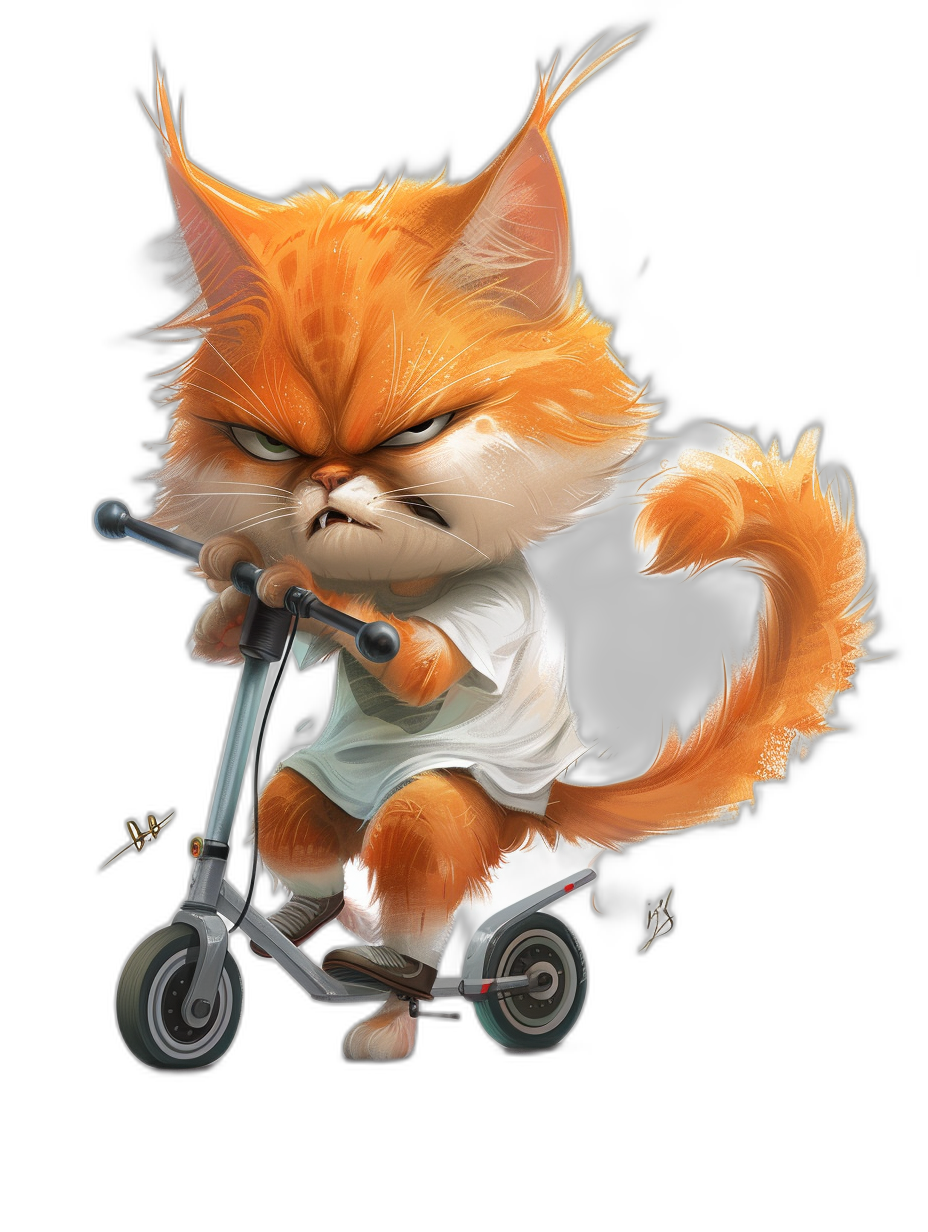 Cute fluffy orange cat with an angry expression riding on a scooter, wearing a white t-shirt and jean shorts. In the style of Disney Pixar cartoon characters, black background, cute digital art.