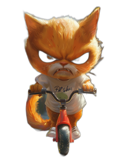 A cute orange cat with an angry face, wearing a white t-shirt with "Be authenticity" written on it and riding a red bike against a black background, in the chibi style, digital art in the style of Pixar studio.