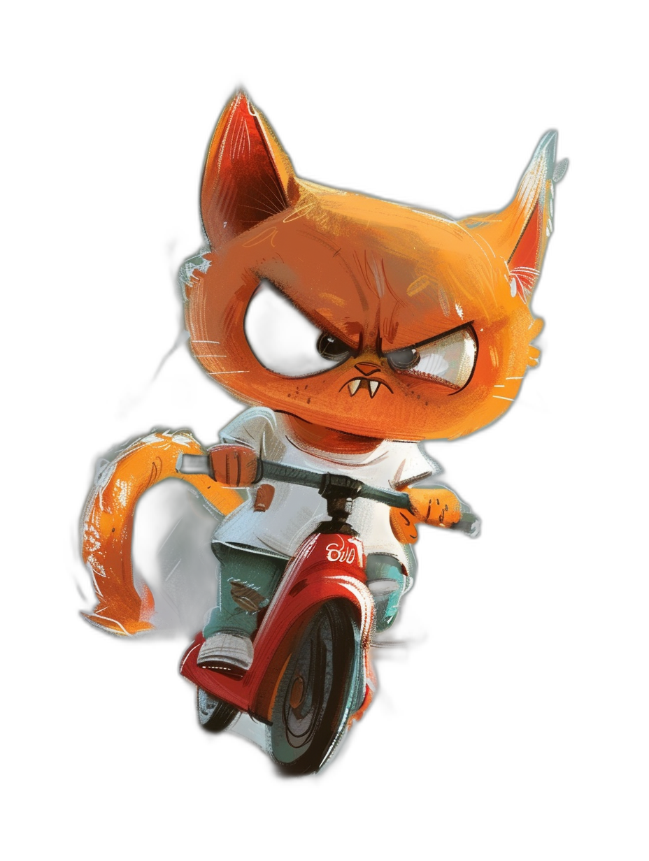 A cute orange cat in a white T-shirt, riding a red scooter with an angry face expression on a black background, in the style of Disney Pixar and [Atey Ghailan](https://goo.gl/search?artist%20Atey%20Ghailan) character design, adorable digital art, flat illustration with clean lines and sharp shadows, high resolution with high details and high quality, high contrast, professional photography with professional lighting, cinematic render, hyperdetailed and hyper realistic.